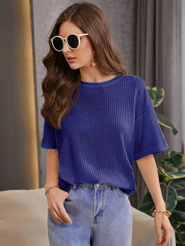 Soxage - 11.11 Sale Premium Oversized Waffle Knitted Tee For Women's - NavyBlue
