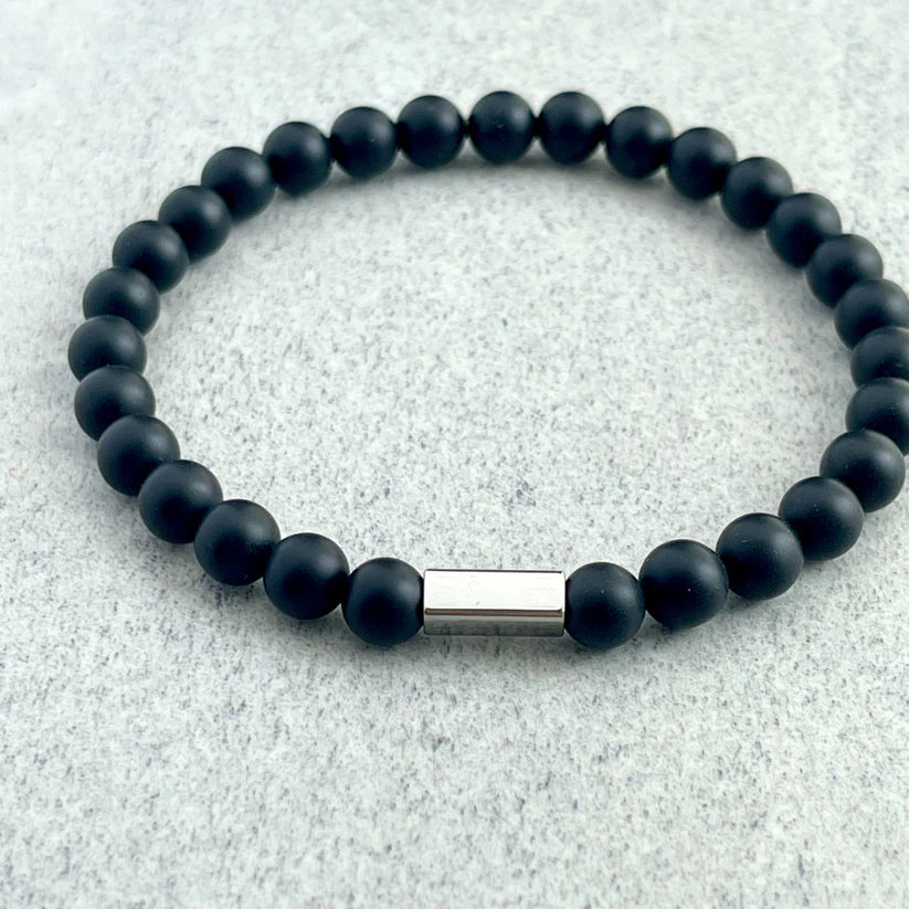 Matte Onyx Beaded Bracelet with Stainless Steel Accent - 8mm