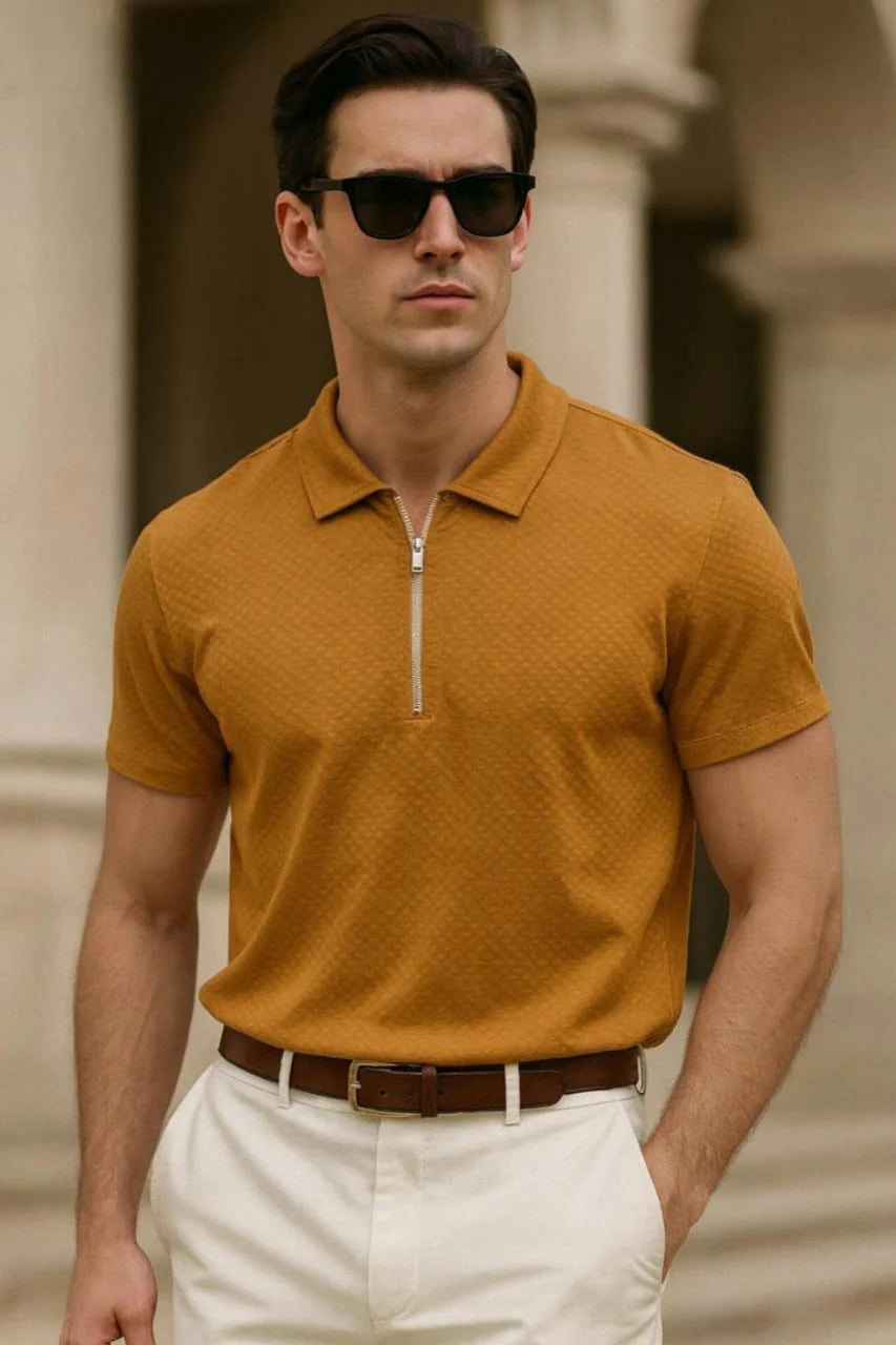 Textured Zip Polo For Men's - Mustard