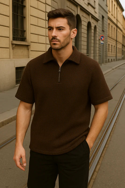 Flash Sale - Waffle Knitted Zip Polo - Brown