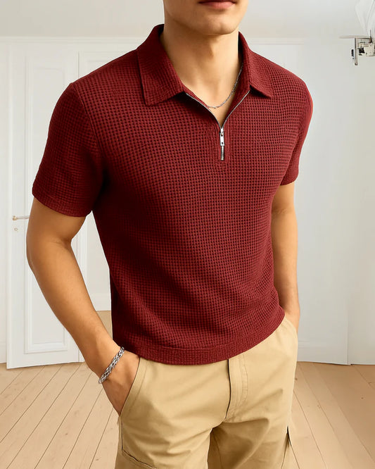 Soxage - Waffle Knitted Zipper Polo - Maroon