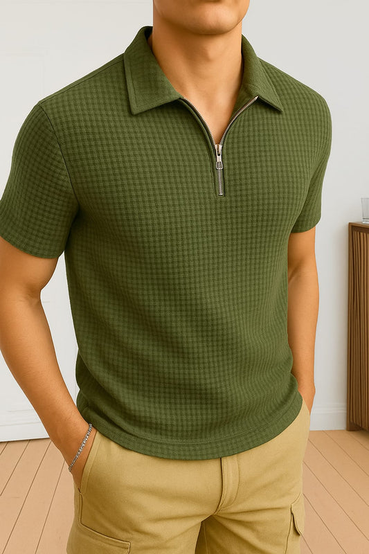 Soxage - Waffle Knitted Zipper Polo - Olive